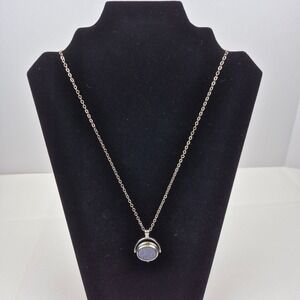 Vtg Rotating Pendant Necklace Purple‎ Druzy Glitter Watch Face Silver Tone 29"